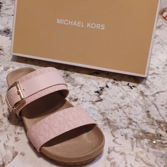 Michael Kors Blush Pink Mylah MK Signature Print Slide Sandals NEW SZ 6.5 - Picture 3 of 14